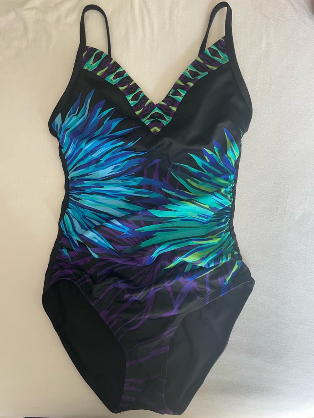 Aqua Green Black One-Piece Swimsuit with Teal & Purple Graphic